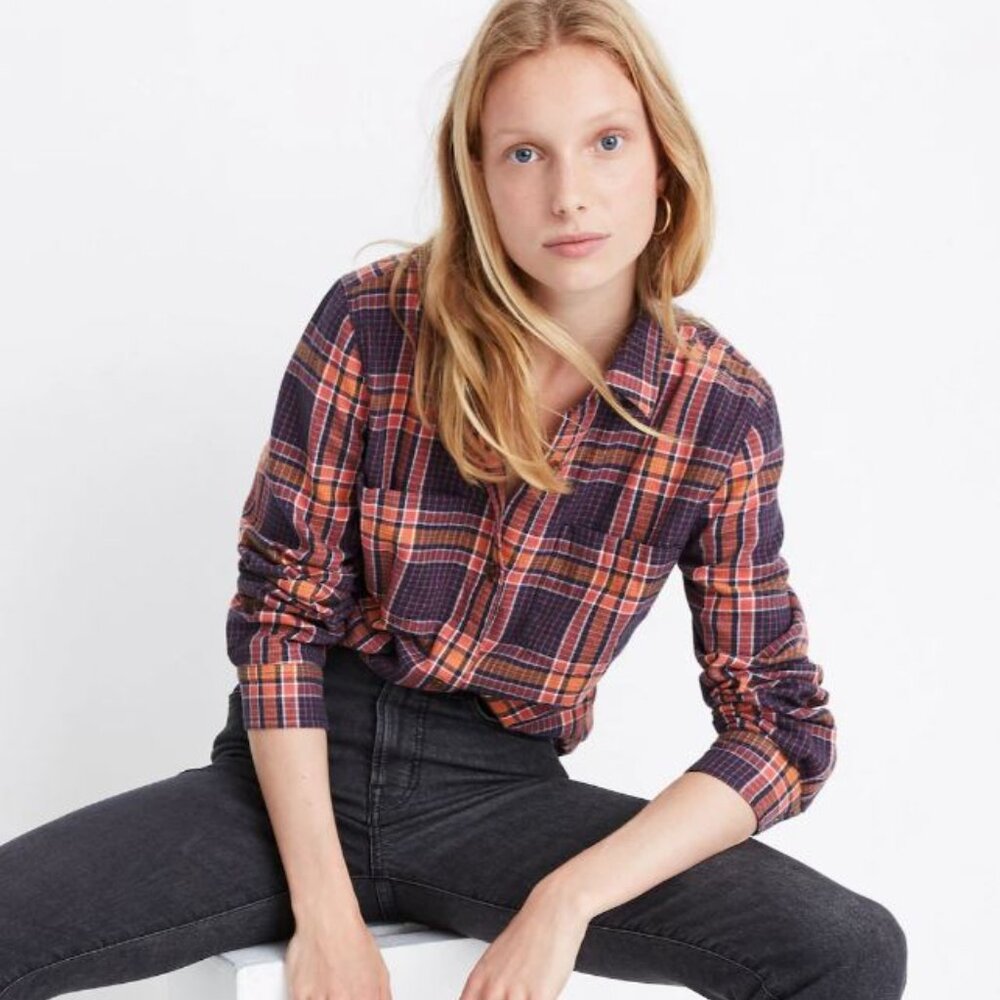 Madewell | Classic Ex-Boyfriend Shirt in Edith Plaid Blue Orange Coral | XS